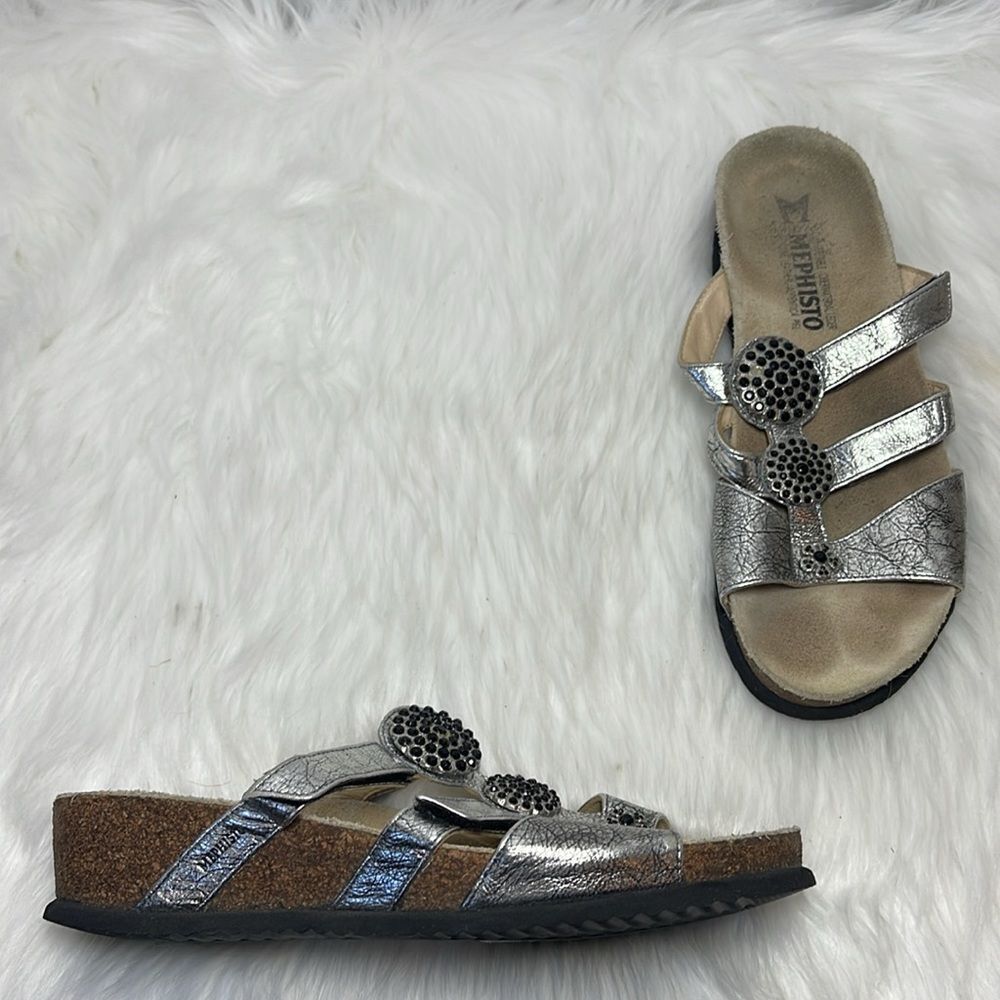 Mephisto Silver Leather‎ Studded Strappy Slide Sandals Sz 39/US 9